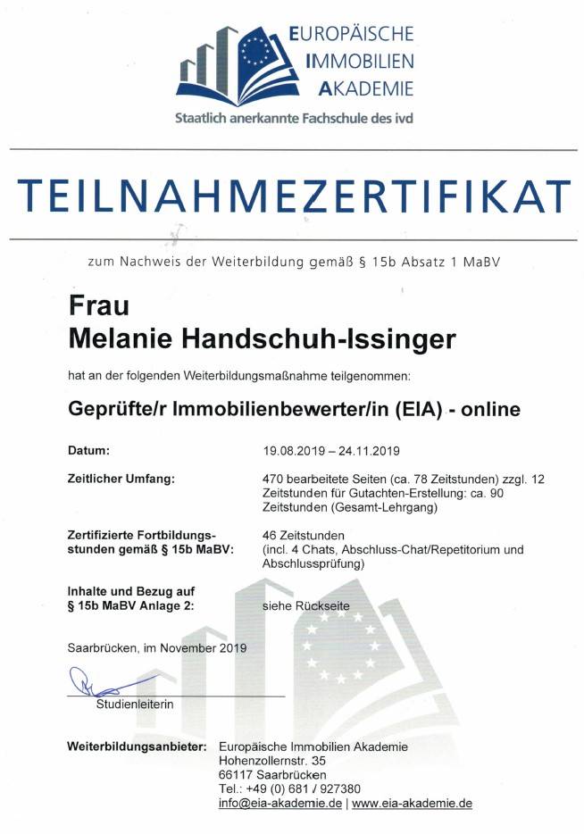 Teilnahmezertifikat gepr. Immobilienbewerterin (EIA)